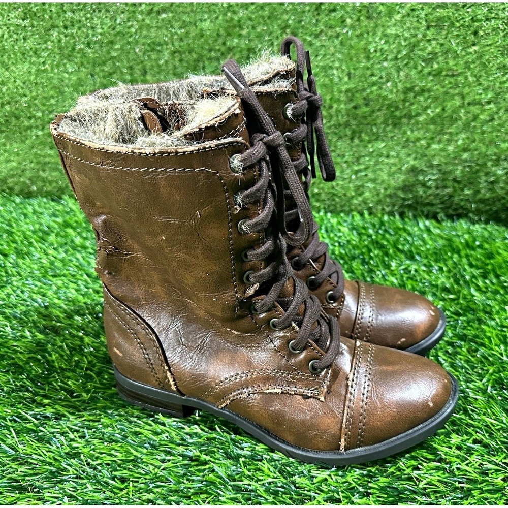 BRASH Womens 7 Brown Faux Leather Faux Fur Lined Lace-Up Side Zip Combat Boots